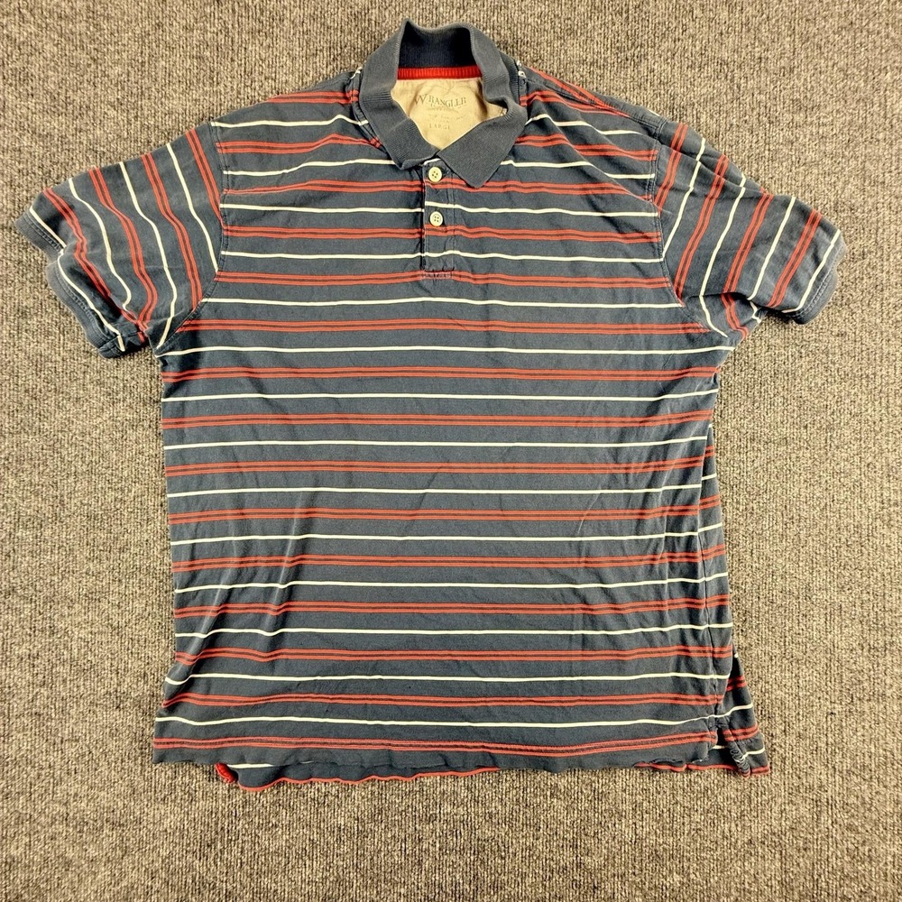 Wrangler Polo Shirt Mens Large Blue Striped Cotton Knit Short Sleeve Casual